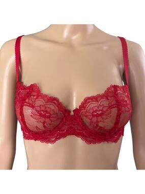 Journelle 34B Red Lace Underwire Bra Sheer Romantic Feminine Boudoir Lingerie